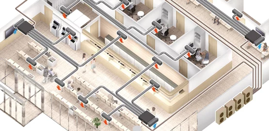 Канальный блок мульти-сплит-системы Дженерал серии Flexible R32 KMLB имеет возможность подключения до 4 воздуховодов